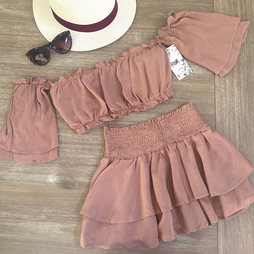 Isla Posh Summer Set Mini Skirt Off Shoulder Top in Dusty Pink